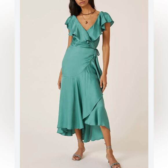 Anthropologie Green Satin Ruffle Wrap Coquette Feminine Midi Maxi Dress XXS NWT - Picture 3 of 12